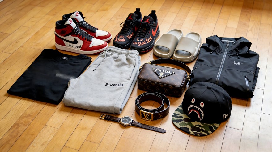 Rep shoes flatlay — Jordan 1 Lost Found, Essentials sweatpants, Prada bag, LV belt, Bape hat — community photo
