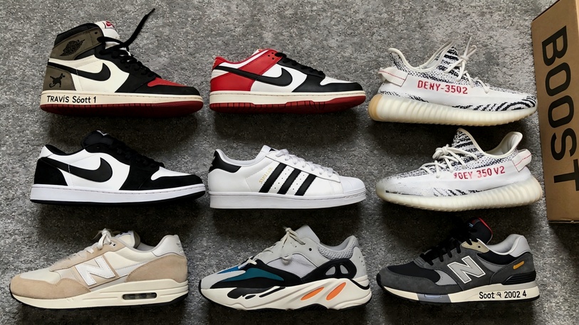 Reps shoes collection — Jordan 1 Travis Scott, Nike Dunk, Yeezy 350 Zebra, Adidas Superstar, New Balance, Yeezy 700 — community QC April 2026
